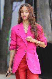 Zoe Saldana in a Colorful Pink and Red Outfit - Filming a Stella Artois Beer Commercial in New York 03/09/2023