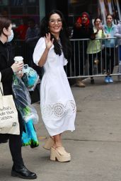 Ali Wong in a White Dress and Platform Sandals - Leaving GMA Studios in NYC 04/05/2023