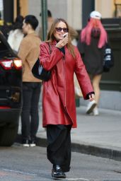 Dianna Agron in a Red Leather Jacket With a Black Leather Prada Handbag - NYC 04/20/2023