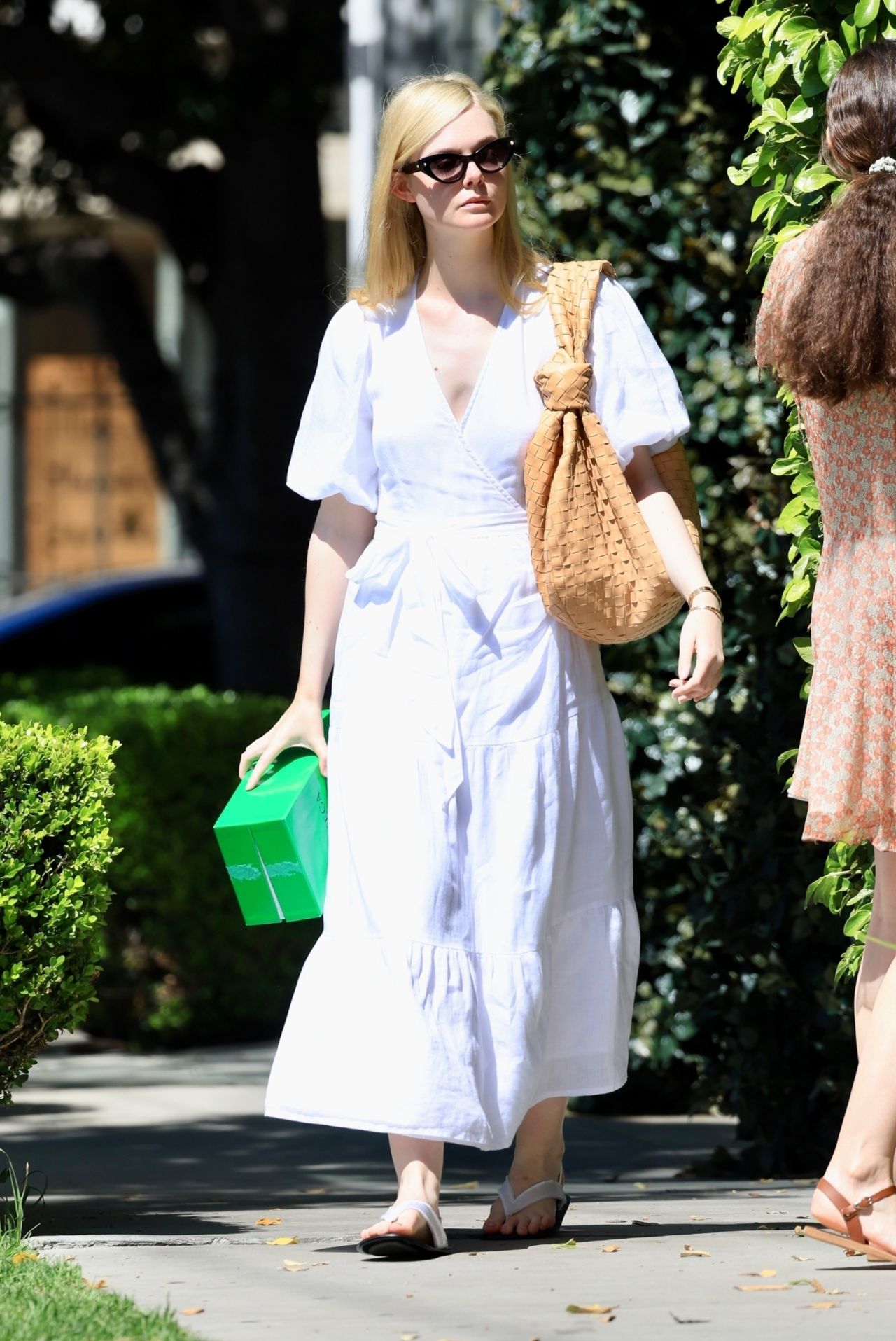 Elle Fanning in a White Spring Dress and Matching Slippers - Bottega