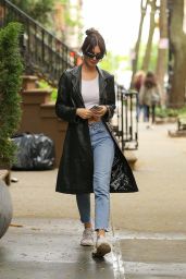 Emily Ratajkowski Wears Long Leather Black Coat in New York 04/28/2023