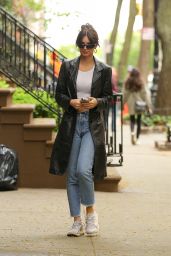 Emily Ratajkowski Wears Long Leather Black Coat in New York 04/28/2023