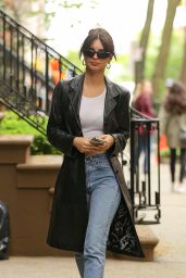 Emily Ratajkowski Wears Long Leather Black Coat in New York 04/28/2023