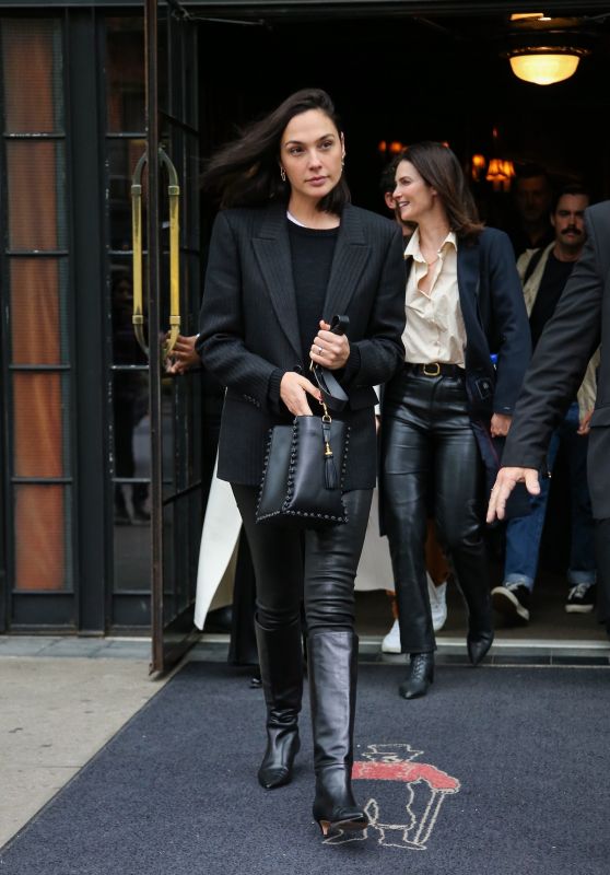 Gal Gadot in Leather Pants, Black Boots and a Black Blazer in New York 04/28/2023