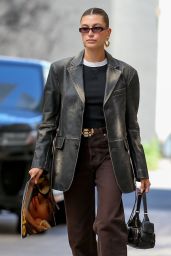 Hailey Rhode Bieber in a Distressed Black Leather Jacket and Jeans - Beverly Hills 04/06/2023