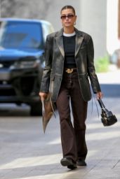 Hailey Rhode Bieber in a Distressed Black Leather Jacket and Jeans - Beverly Hills 04/06/2023