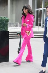 Jameela Jamil Wearing a Pink Ensemble and Carrying a Pizza Slice Mini Tote - NYC 04/26/2023