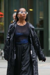 Kylie Bunbury Wearing Black and Blue Outfit in New York 04/24/2023