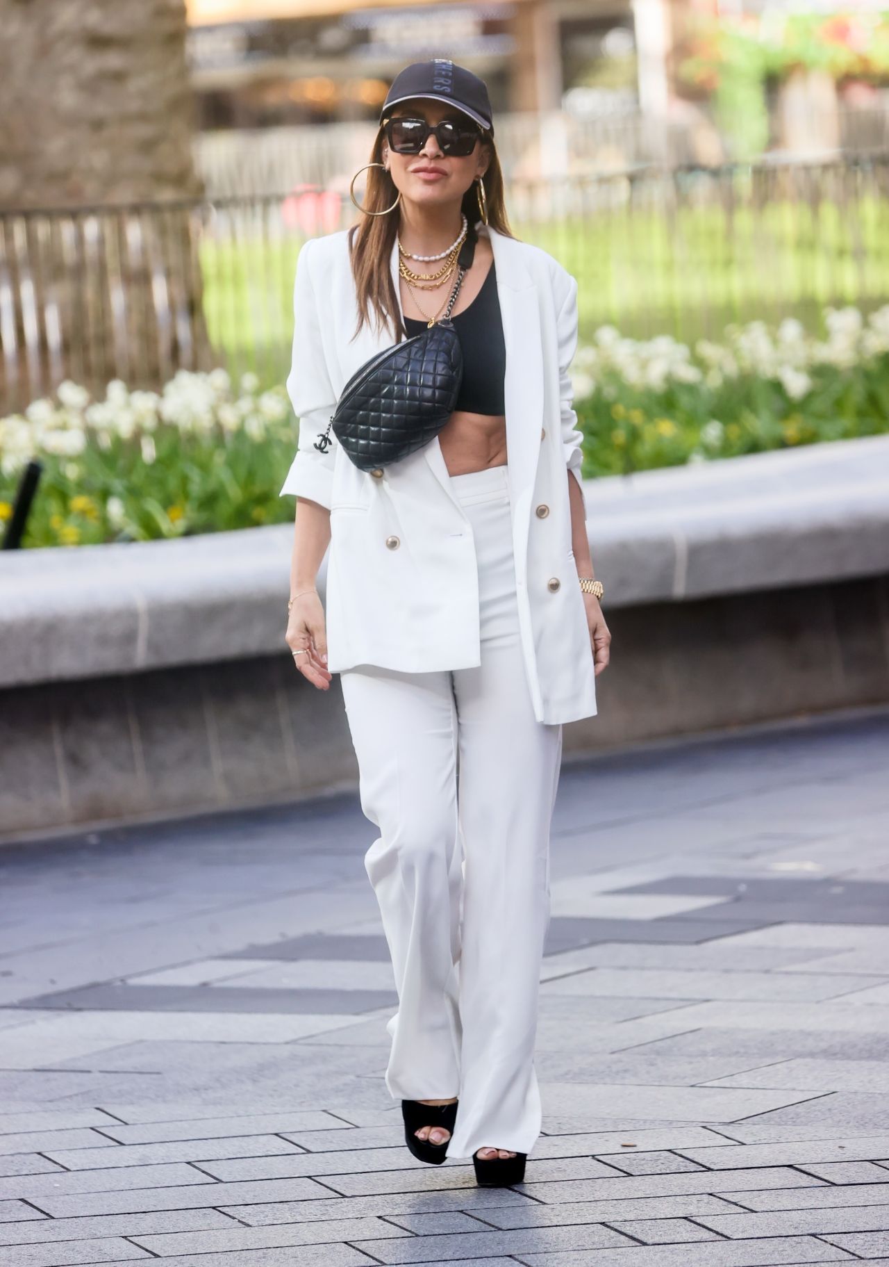 Myleene Klass Wearing White Trouser Suit and Crop Top - London 04/11 ...