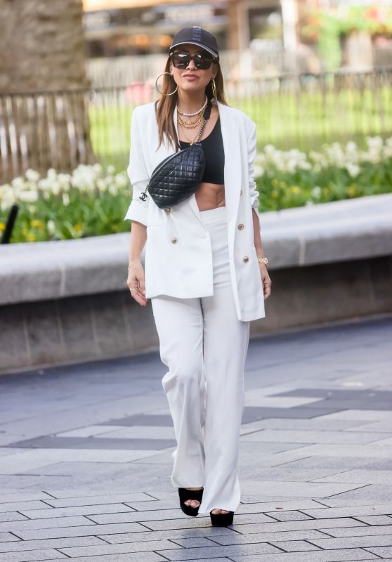Myleene Klass Wearing White Trouser Suit and Crop Top - London 04/11/2023