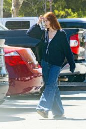 Riley Keough in Wide-leg Jeans and a Navy Blue Cardigan - Calabasas 04/10/2023