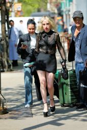 Zoe Lister-Jones in Black Mini Skirt and Platform High Heels in New York 04/22/2023