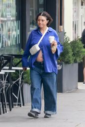 Alia Shawkat in a Purple Shirt, Jeans and a White Bottega Veneta Crossbody Bag in Los Feliz 05/23/2023