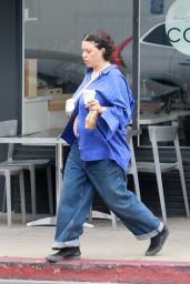 Alia Shawkat in a Purple Shirt, Jeans and a White Bottega Veneta Crossbody Bag in Los Feliz 05/23/2023