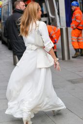 Amanda Holden Wearing a White Dress and Matching Jacket and Comfy Padded Heals in London 05/02/2023