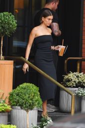 Hailey Rhode Bieber in a Black Strapless Dress and Matching Peep Toe Heels - Tribeca 05/09/2023