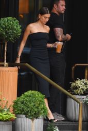 Hailey Rhode Bieber in a Black Strapless Dress and Matching Peep Toe Heels - Tribeca 05/09/2023