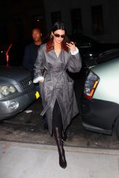 Kendall Jenner in High Fashion Ostrich Skin Leather Coat and Black Leather Knee-high Boost - New York 05/03/2023