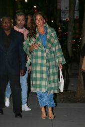 Minka Kelly Wears Her Blue Dress With a White and Light Green Coat and a White Bag in New York 05/02/2023