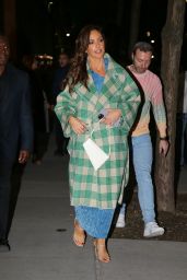 Minka Kelly Wears Her Blue Dress With a White and Light Green Coat and a White Bag in New York 05/02/2023