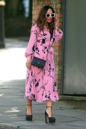 Myleene Klass in a Pink Floral Tropical Shirt Dress and White Shades - London 05/04/2023