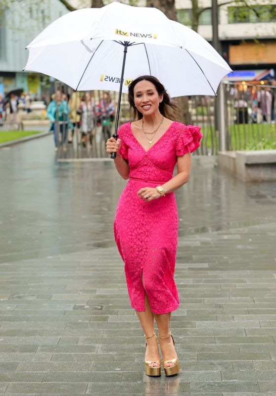 Myleene Klass in a Stylish Red Dress and Gold Platform Shoes in London 05/06/2023