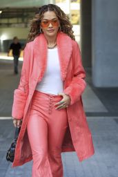 Rita Ora Wearing Coral-coloured Leather Ensemble in Sydney 05/29/2023