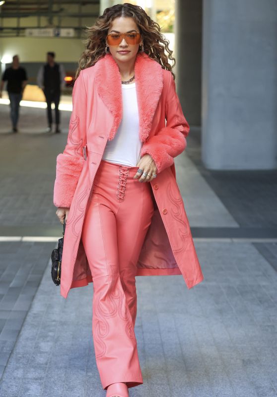 Rita Ora Wearing Coral-coloured Leather Ensemble in Sydney 05/29/2023