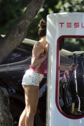 Addison Rae in a Skimpy Pair of Sparkly Shorts at a Tesla Supercharging Station in LA 06/28/2023