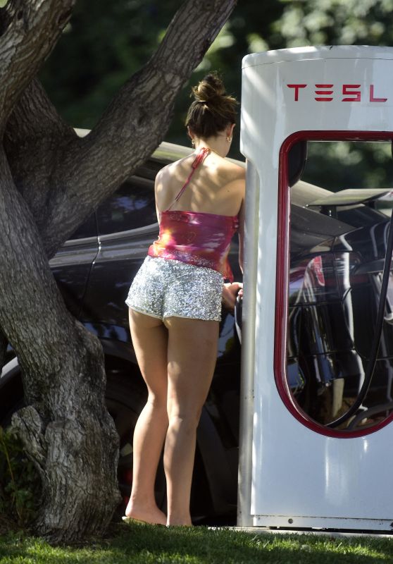 Addison Rae in a Skimpy Pair of Sparkly Shorts at a Tesla Supercharging Station in LA 06/28/2023