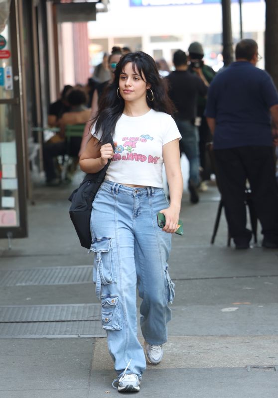 Camila Cabello in a White T-shirt and Baggy Blue Jeans - New York 06/02/2023