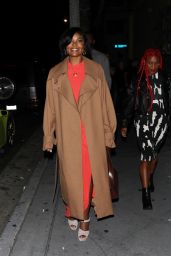 Gabrielle Union Wearing an Orange Dress and a Long Brown Coat at the Fleur Room Lounge in West Hollywood 06/11/2023
