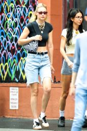 Gigi Hadid in a Black Top and Denim Shorts in New York 06/25/2023