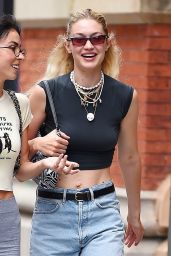 Gigi Hadid in a Black Top and Denim Shorts in New York 06/25/2023