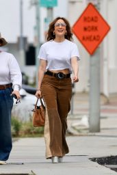 Jennifer Lopez in Brown Corduroy Pants and a White T-shirt in West Hollywood 06/07/2023