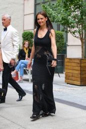 Katie Holmes in a Black Crochet Dress and Carrying a Matching Leather Clutch Bag - NYC 06/22/2023