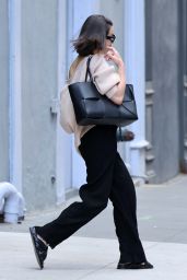 Lea Michele in a Black Pants, Tan Top and Bottega Veneta Bag in New York 06/04/2023