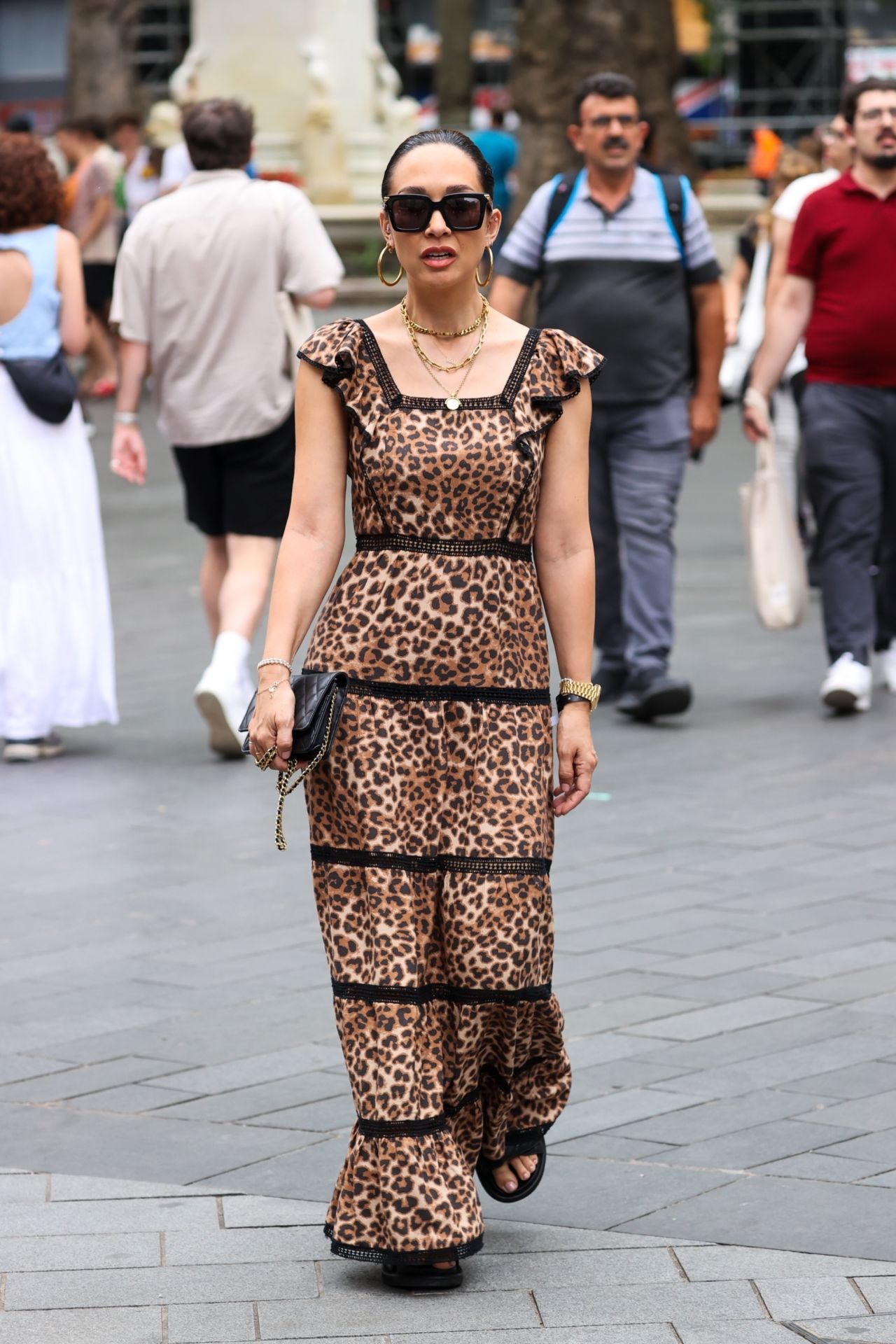 Myleene Klass in an Animal Print Dress Pictured at Smooth Radio in