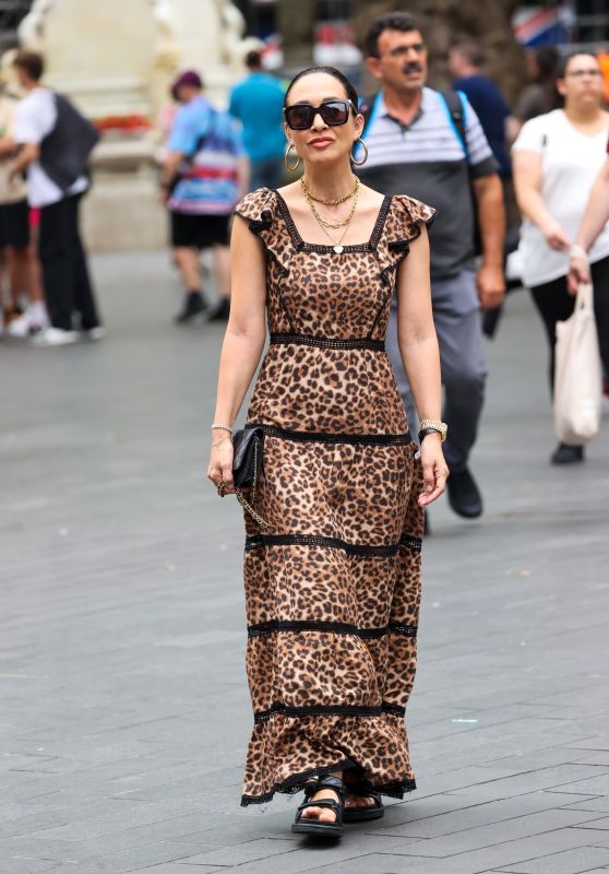 Myleene Klass in an Animal Print Dress Pictured at Smooth Radio in London 06/24/2023