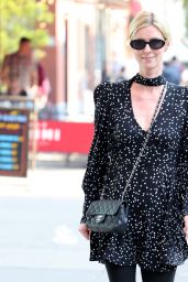Nicky Hilton in a Black Polka Dot Dress, Black Leggings and Chanel Bag - New York 05/30/2023