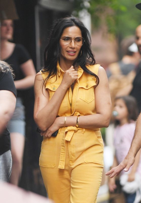 Padma Lakshmi in a Yellow Jumpsuit at Fanelli Café in New York 06/06/2023