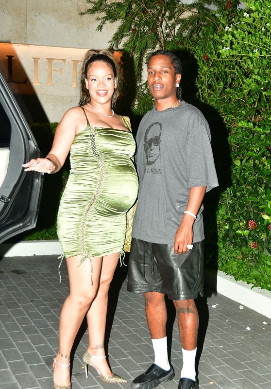 Rihanna in a Green Dress at The Cliff Restaurant in Barbados 06/24/2023
