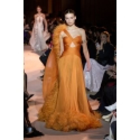 Zuhair Murad Spring 2023 Feather Embellished Orange Gown