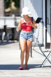Addison Rae in a Red Tank Top and Denim Shorts in Los Angeles 07/28/2023