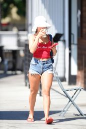 Addison Rae in a Red Tank Top and Denim Shorts in Los Angeles 07/28/2023