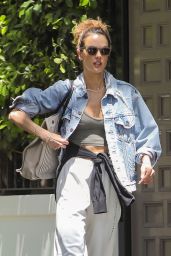 Alessandra Ambrosio in a Baggy Jean Jacket and White Sweatpants - LA 07/01/2023
