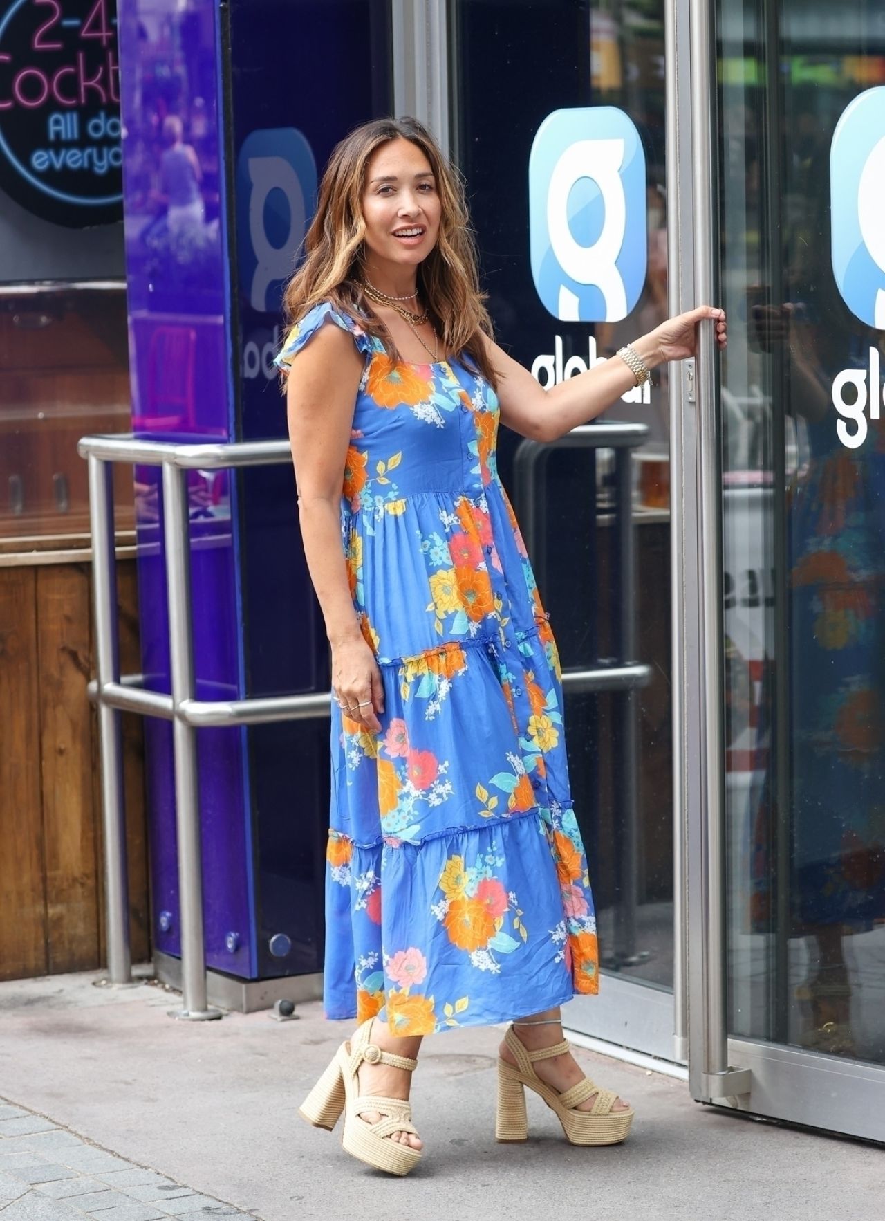 Myleene Klass in a Floral Dress and Canvas Healed Shoes in London 07/29