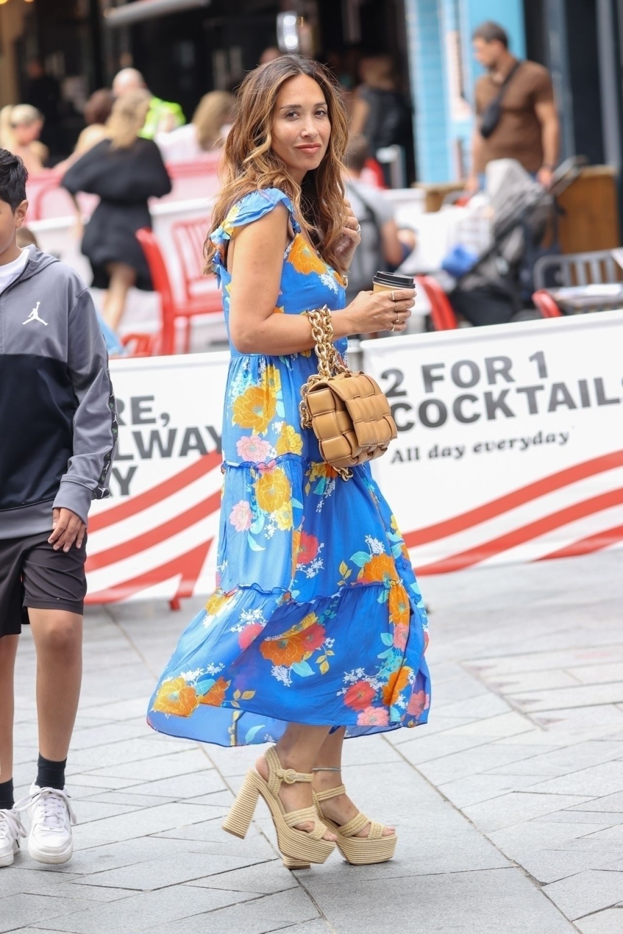 Myleene Klass in a Floral Dress and Canvas Healed Shoes in London 07/29