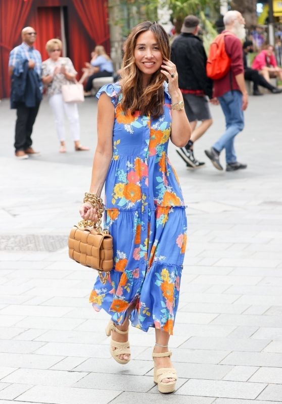 Myleene Klass in a Floral Dress and Canvas Healed Shoes in London 07/29/2023