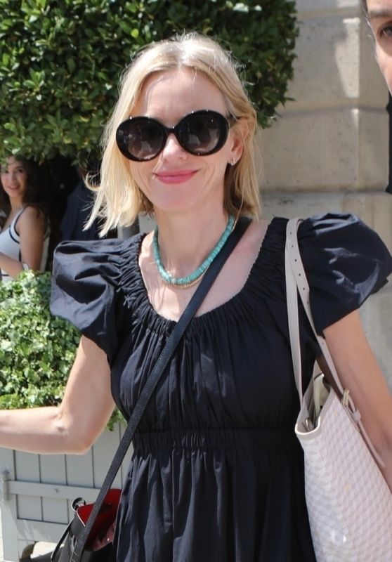 Naomi Watts in a Simple Black Midi Dress With Puffed Shoulder Sleeves - Paris 07/08/2023